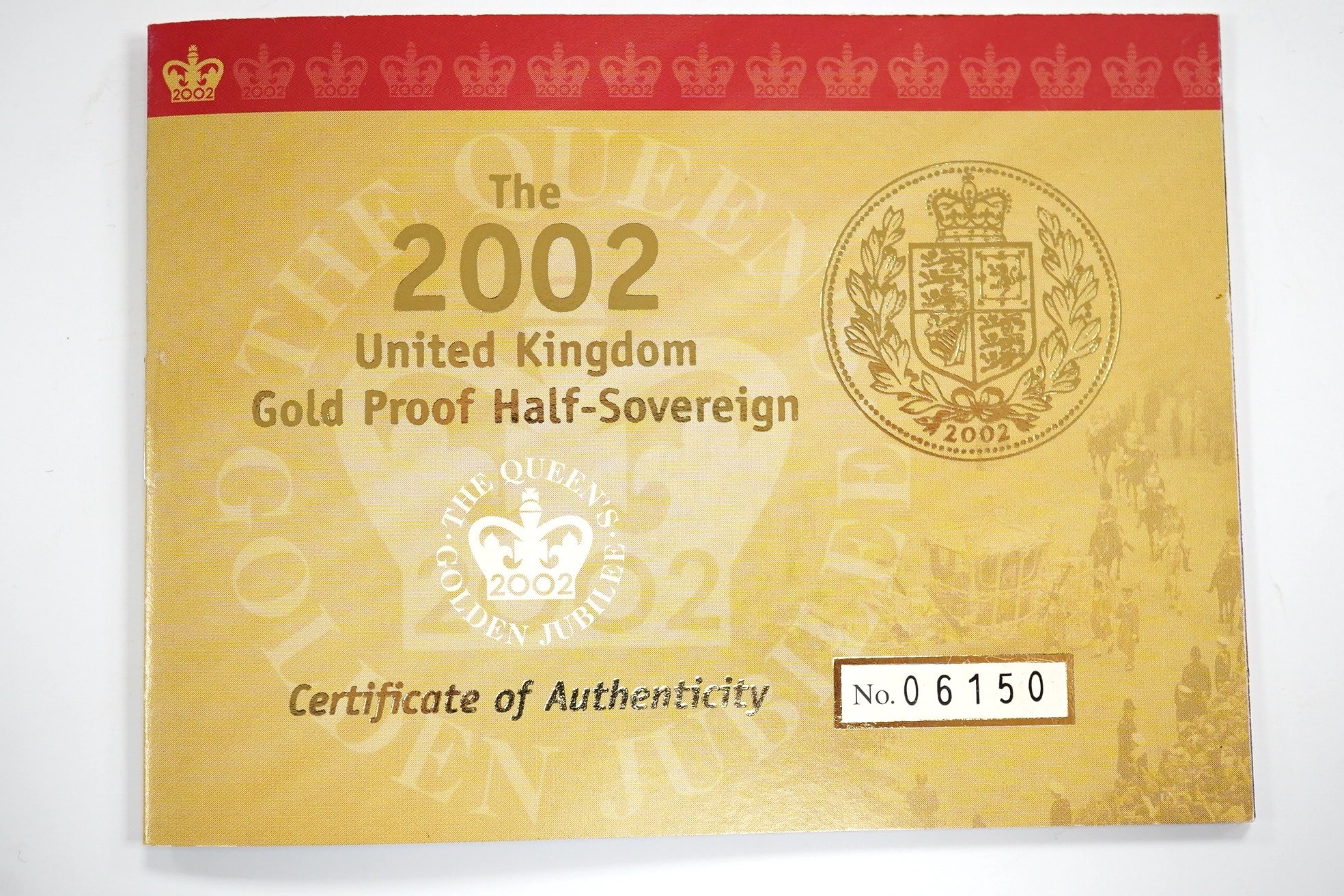 British gold coins, QEII Royal Mint Golden Jubilee 2002 UK proof half sovereign, in case of issue with certificate